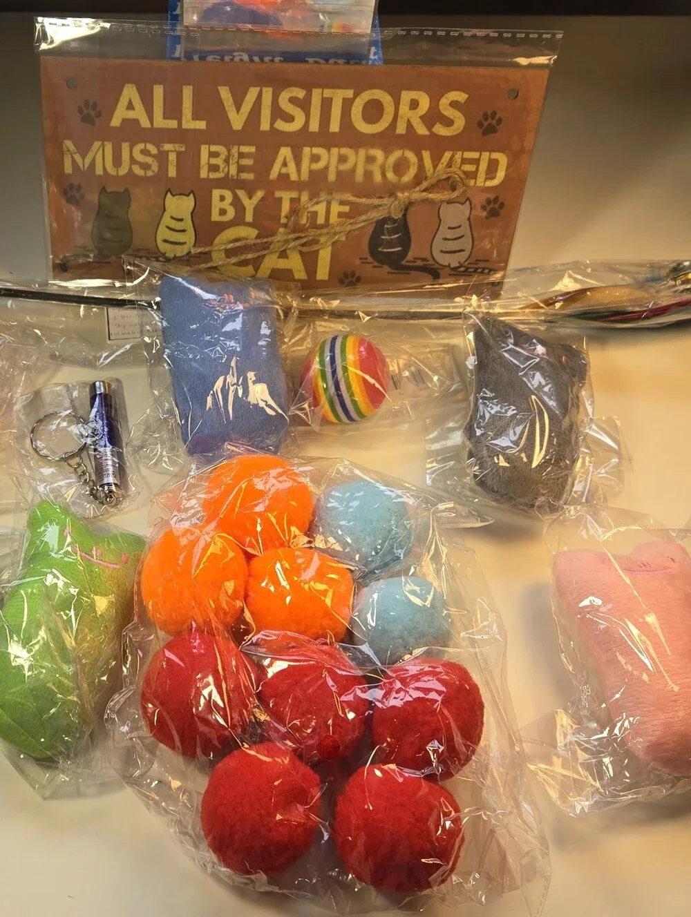 'All Visitors Must Be Approved By the Cat' Sign and Cat Toy Bundle